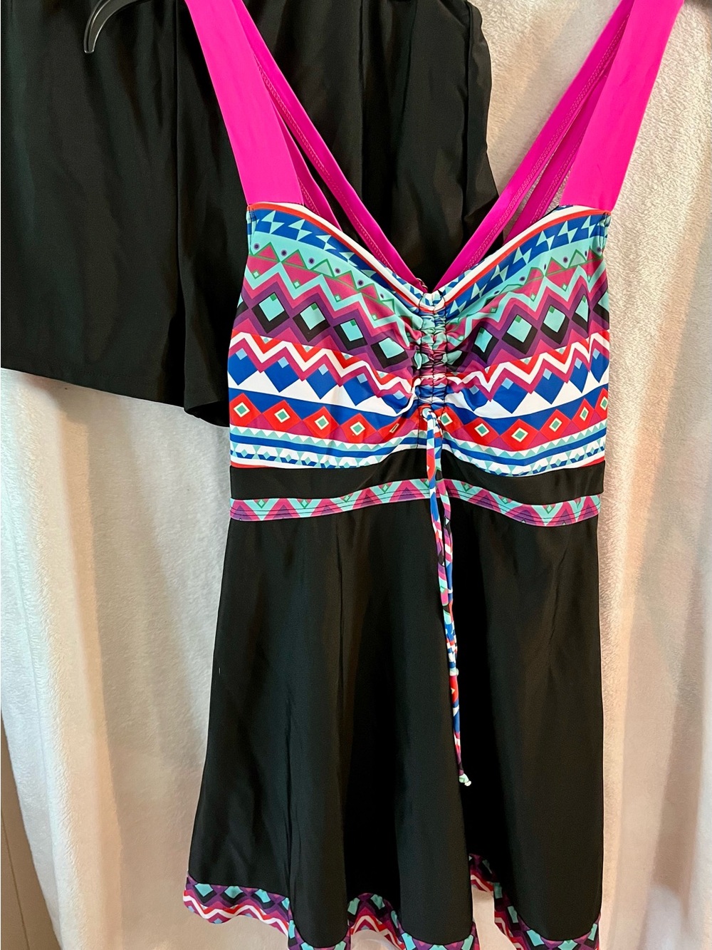 Bright Pink Strappy Swimsuit Top with Multicolor Geometric Print